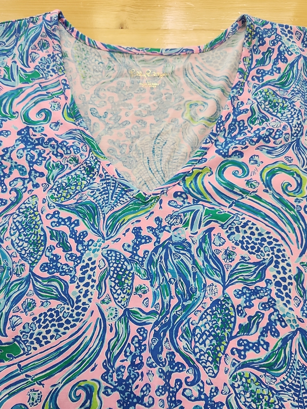 Lilly Pulitzer Etta Short Sleeve V-Neck Dress L We Mermaid It Pima Cotton Large - Picture 12 of 14